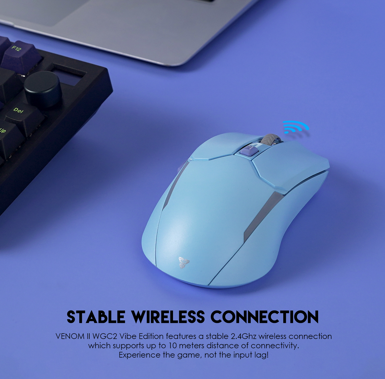 A large marketing image providing additional information about the product Fantech VENOM II WGC2 Wireless Gaming Mouse - Blue - Additional alt info not provided